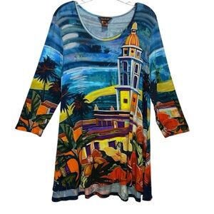 Multiples Artsy Multicolored Scenic Print Lightweight Cotton Tunic Top - Large